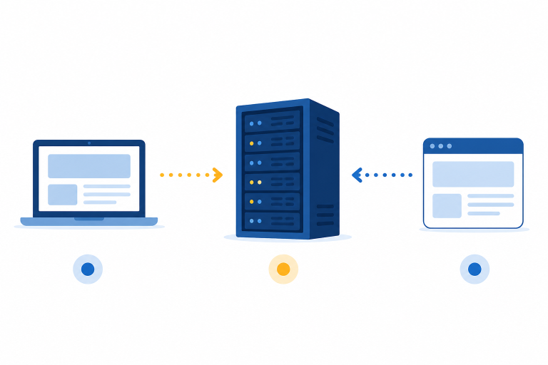 illustratie van hoe webhosting werkt: laptop stuurt verzoek naar server