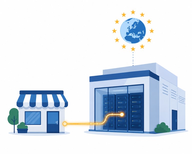 illustratie van een website verbonden met een server in een datacenter