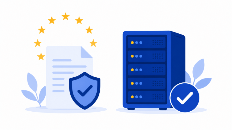illustratie van AVG-conforme hosting met schild, EU-sterren en server