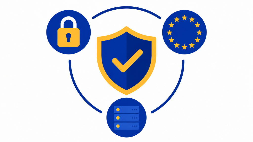 Illustratie van AVG-compliant hosting met privacyschild, EU-sterren en server