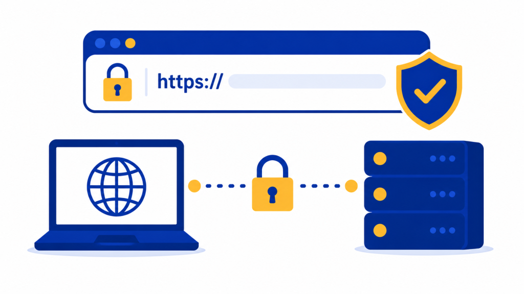 Illustratie van een SSL-certificaat met slotje in de browser en beveiligde verbinding