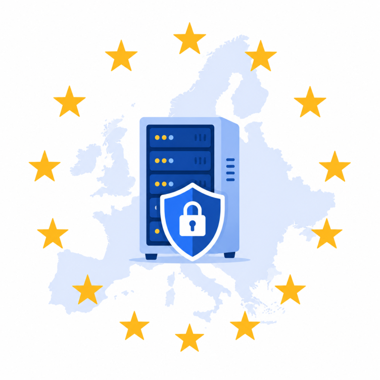 illustratie van EU hosting met server in Europa omringd door EU-sterren