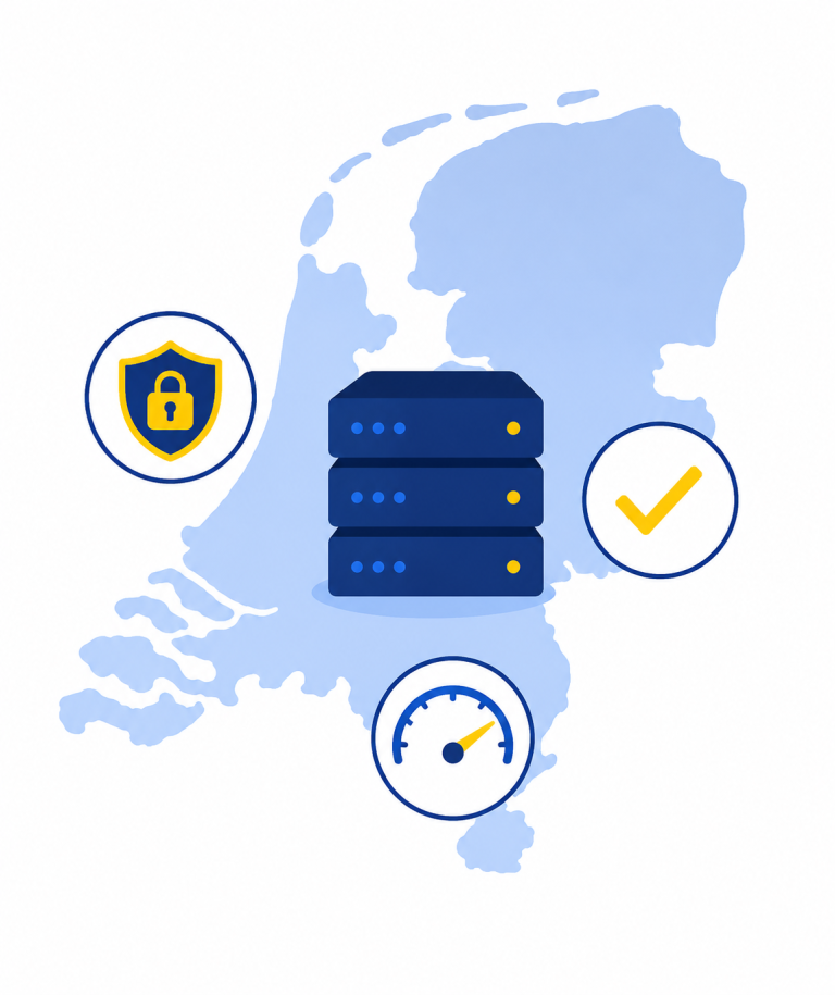 illustratie van webhosting in Nederland met server en beveiligingsiconen