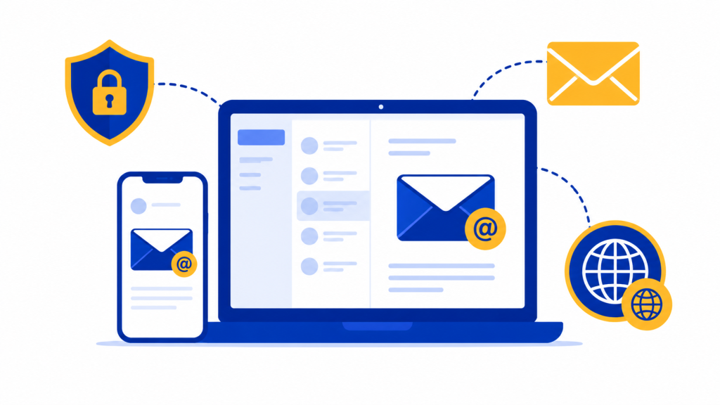 Illustratie van een zakelijk e-mailadres aanmaken met eigen domeinnaam op laptop en smartphone