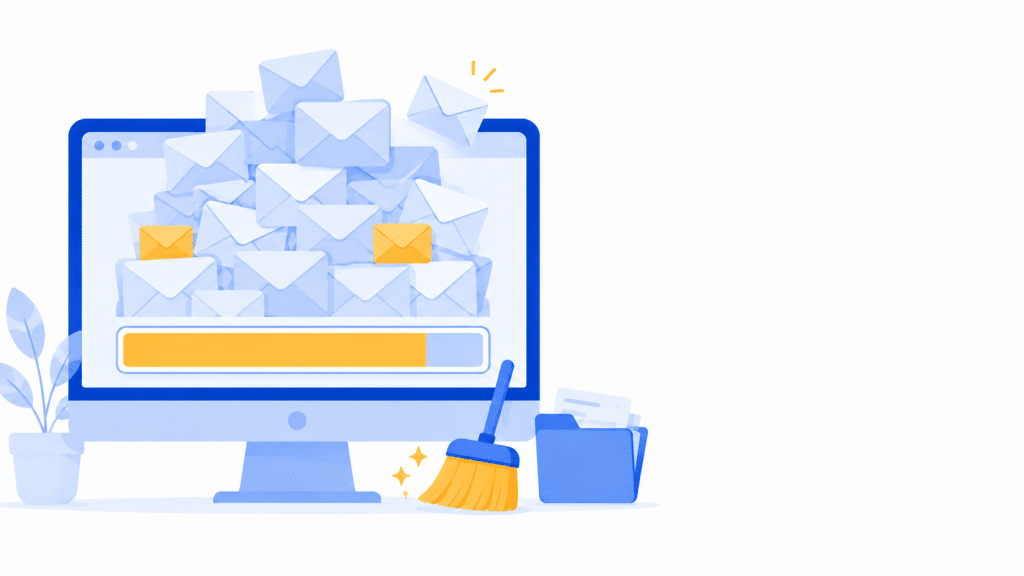 Illustratie van een mailbox vol met berichten en een bijna volle opslagbalk