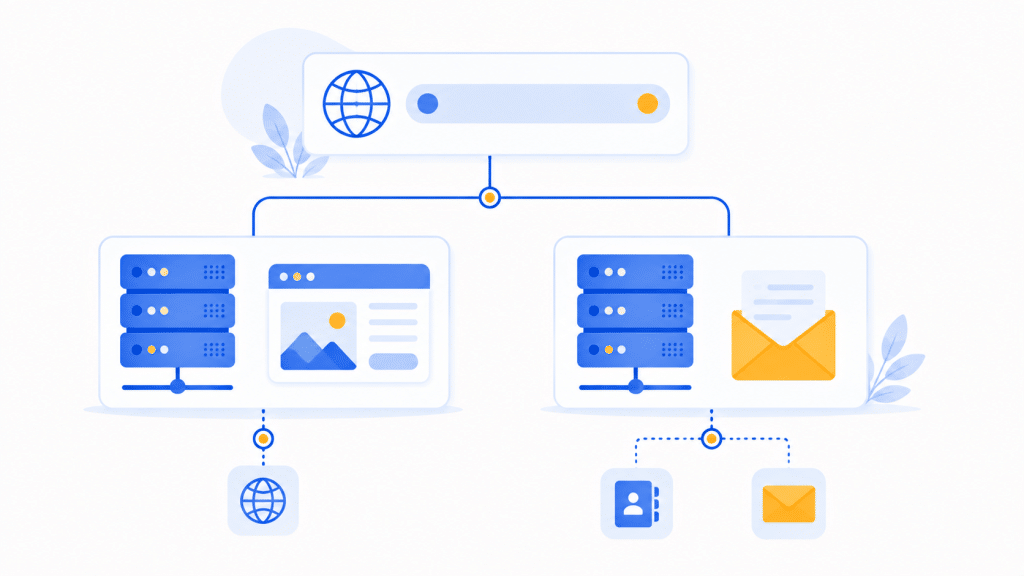Schematische weergave van dns instellen voor een domeinnaam, website en e-mail